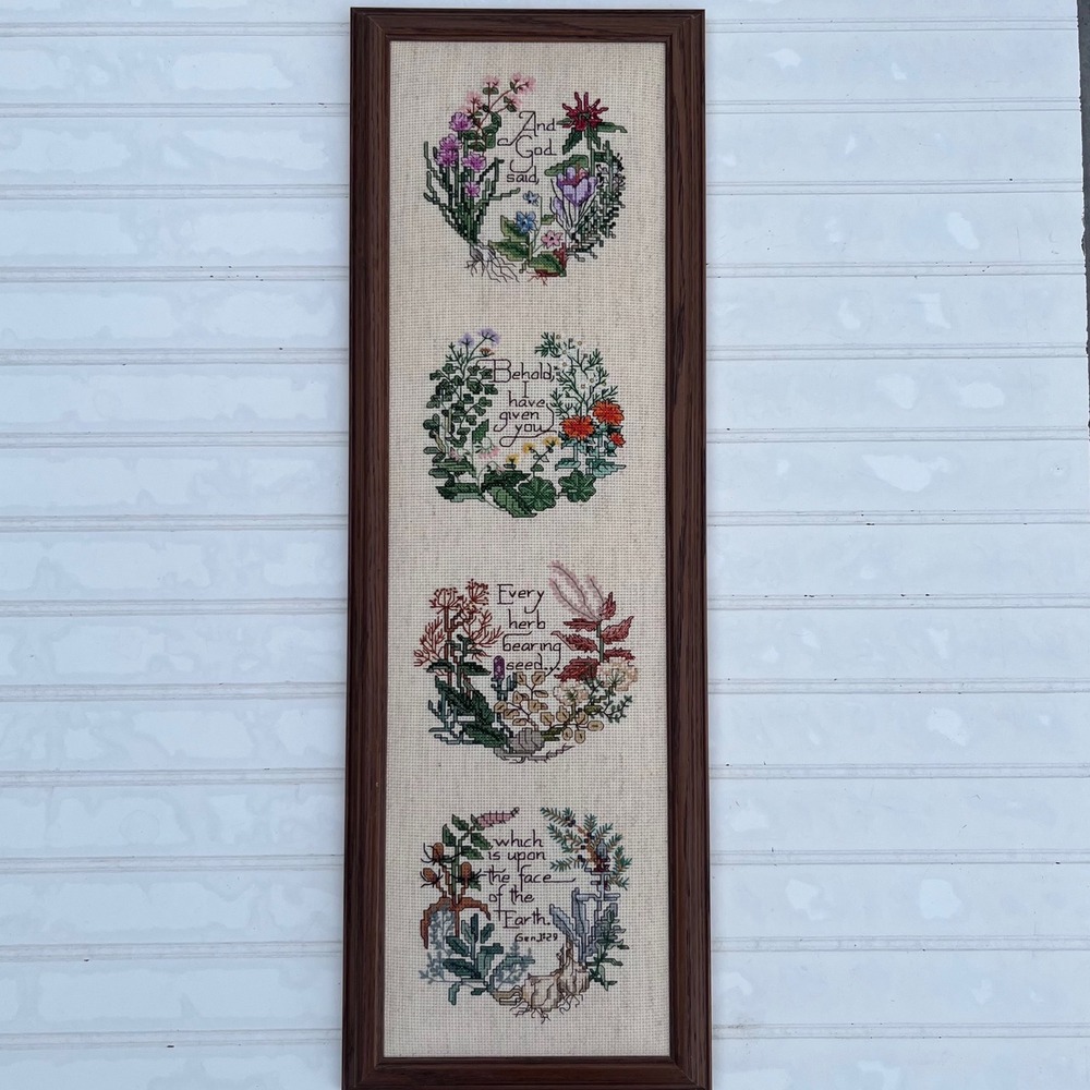 Vintage Framed Cross Stitch Genesis 1:29 Botanical Herb Garden Wall Art Vertical